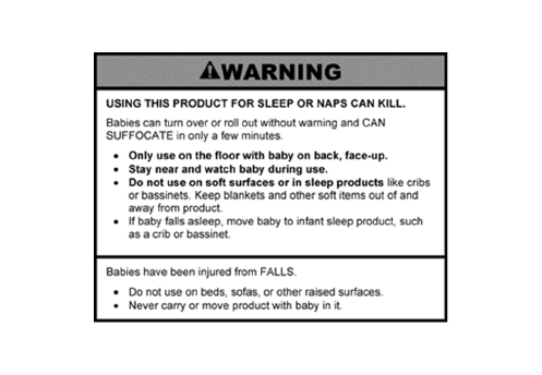 Infant support cushion warning for Product without tummy time
