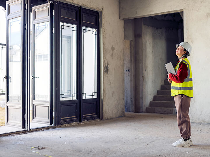 Engineer in yellow caution vest using tablet for checking the structure of a Construction site