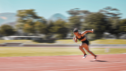 Speed, track and fast woman running for fitness health, exercise and workout for marathon race, contest or competition. 