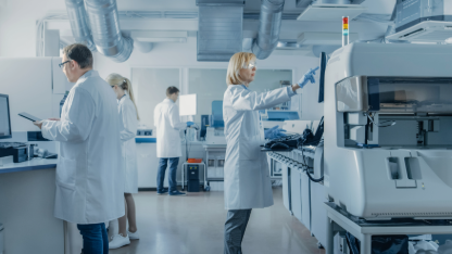 Researchers working in a laboratory, testing collagen to verify its quality and purity for cosmetic and medical applications.