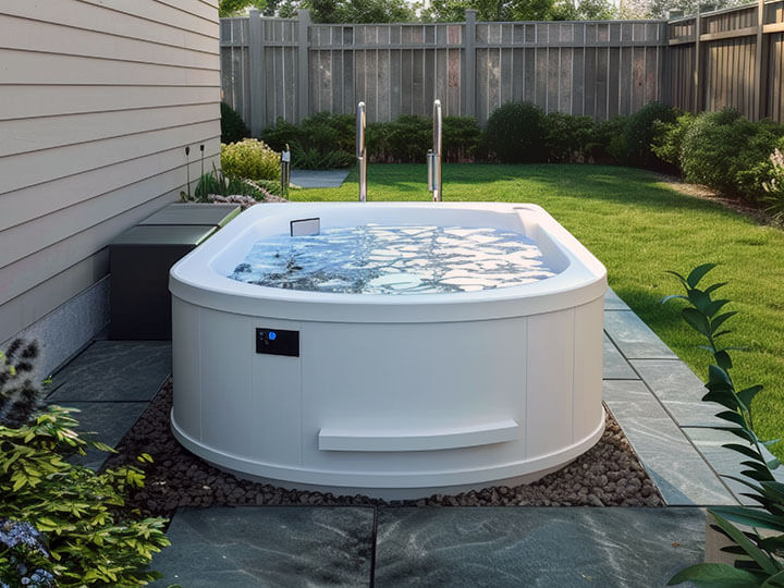 White cold plunge tub in the backyard of a residential home with landscaping and brown wooden fence around the yard