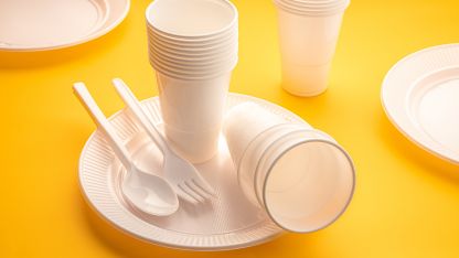 A collection of white disposable plates and cups arranged on a vibrant yellow background, creating a cheerful setting.