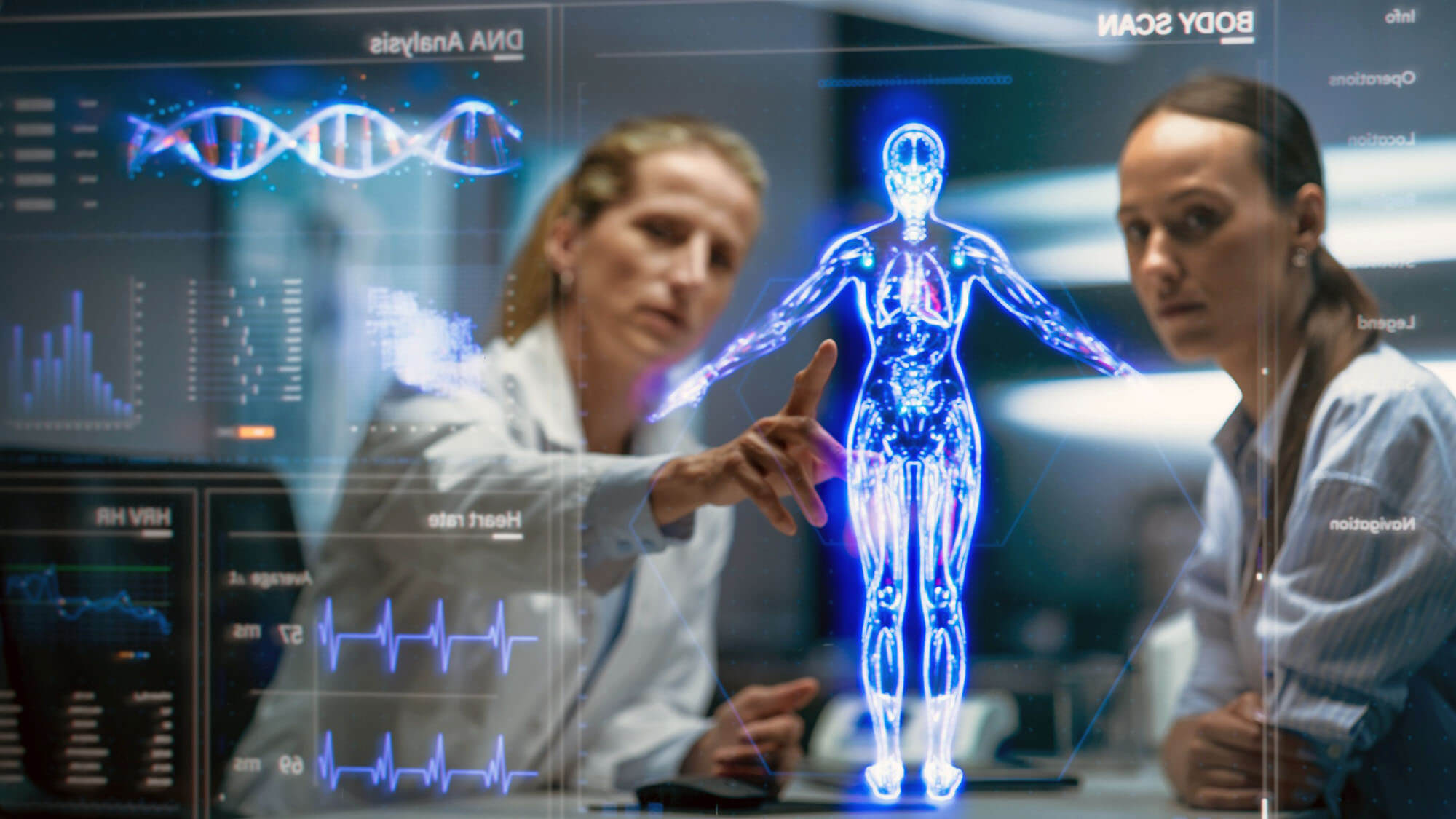 Physician and Patient Analyze a Holographic Body Model. Technology Discussions on Optimizied Health Care, Diagnostic Accuracy. Personalized Treatment Approaches In A Futuristic Healthcare Environment