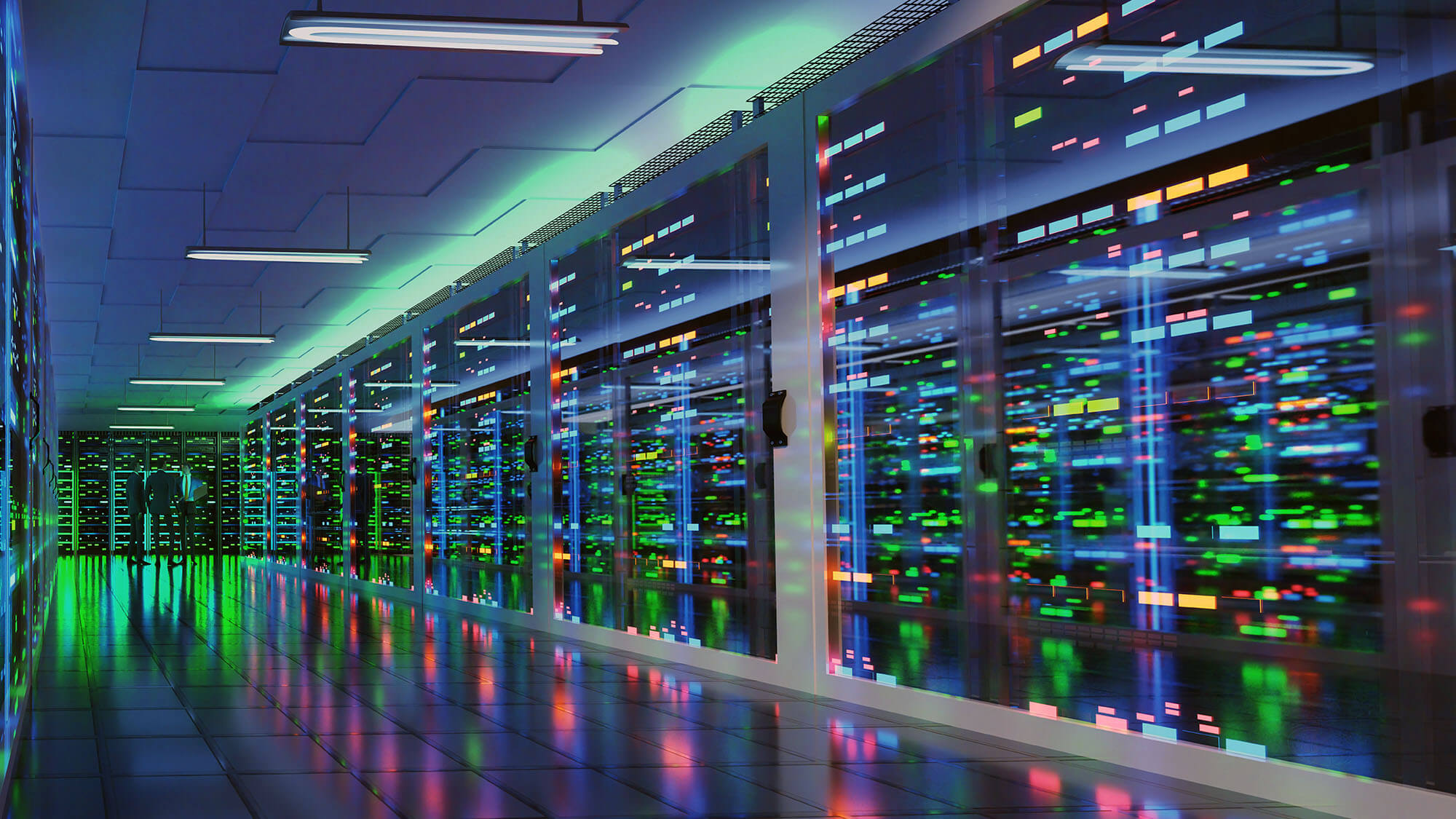 Modern server room in data center with three business men in suits standing at the end of a aisle with bright neon lights and reflections