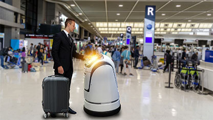 Smart robotic technology concept, The passenger follow a service robot to a counter check in in airport, the robot can help and give some information to passenger quickly