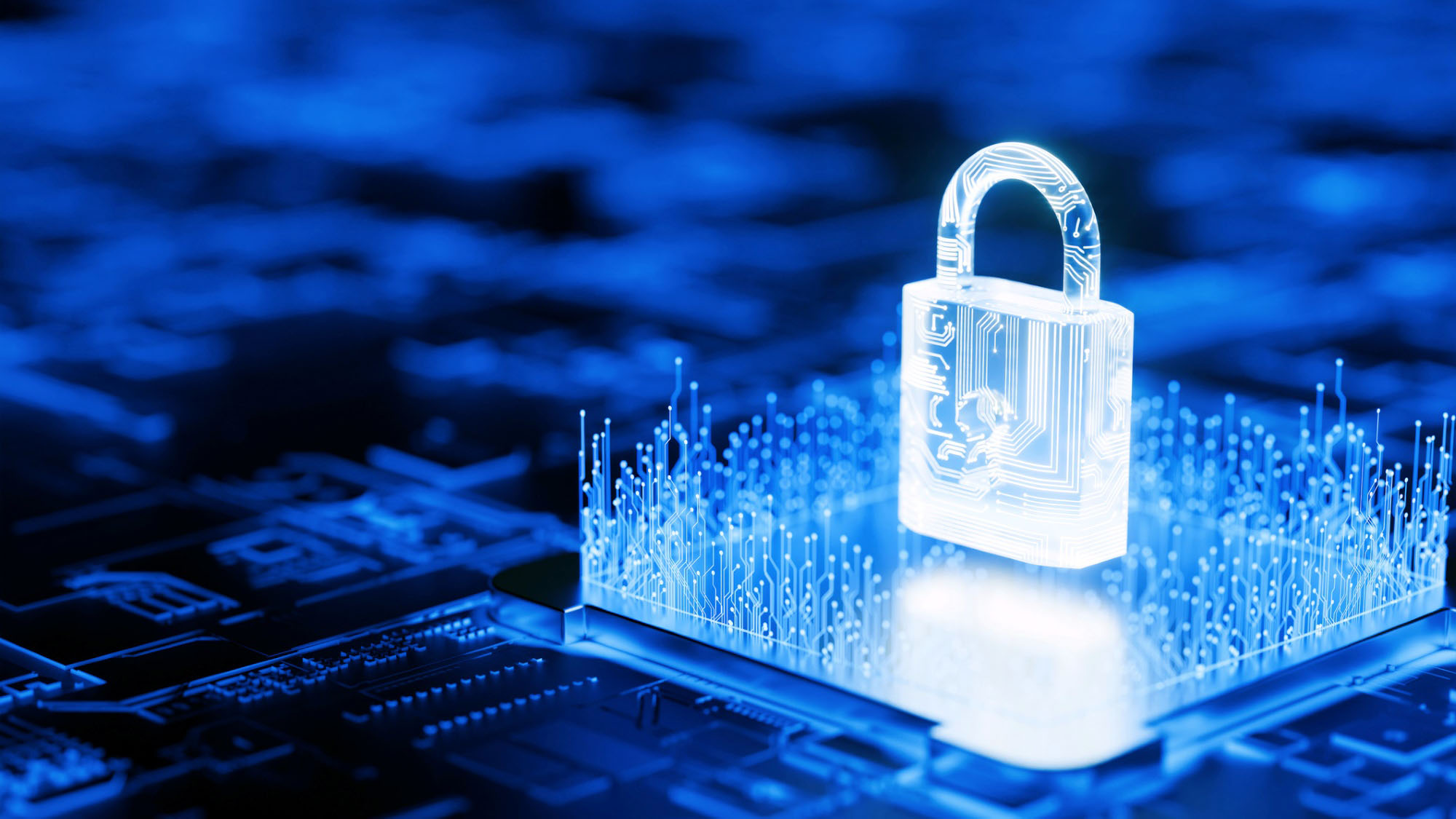 computer generated white security padlock sitting on top of a white circuit board all on a royal blue background