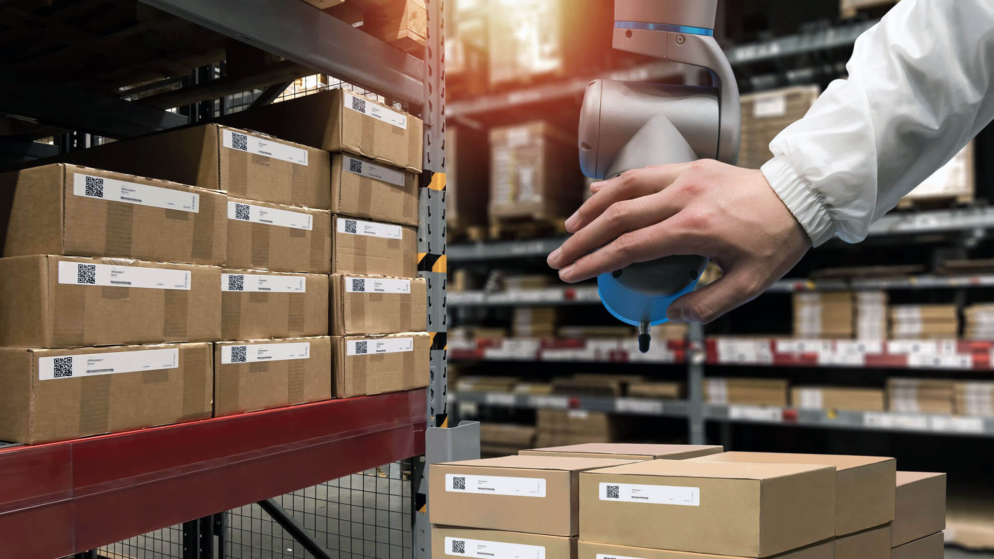 Industry 4.0, 5.0 Collaborative robot technology Concept. Smart logistic, QR Codes Asset warehouse and inventory management supply chain technology concept. Group of boxes in storehouse check pickup